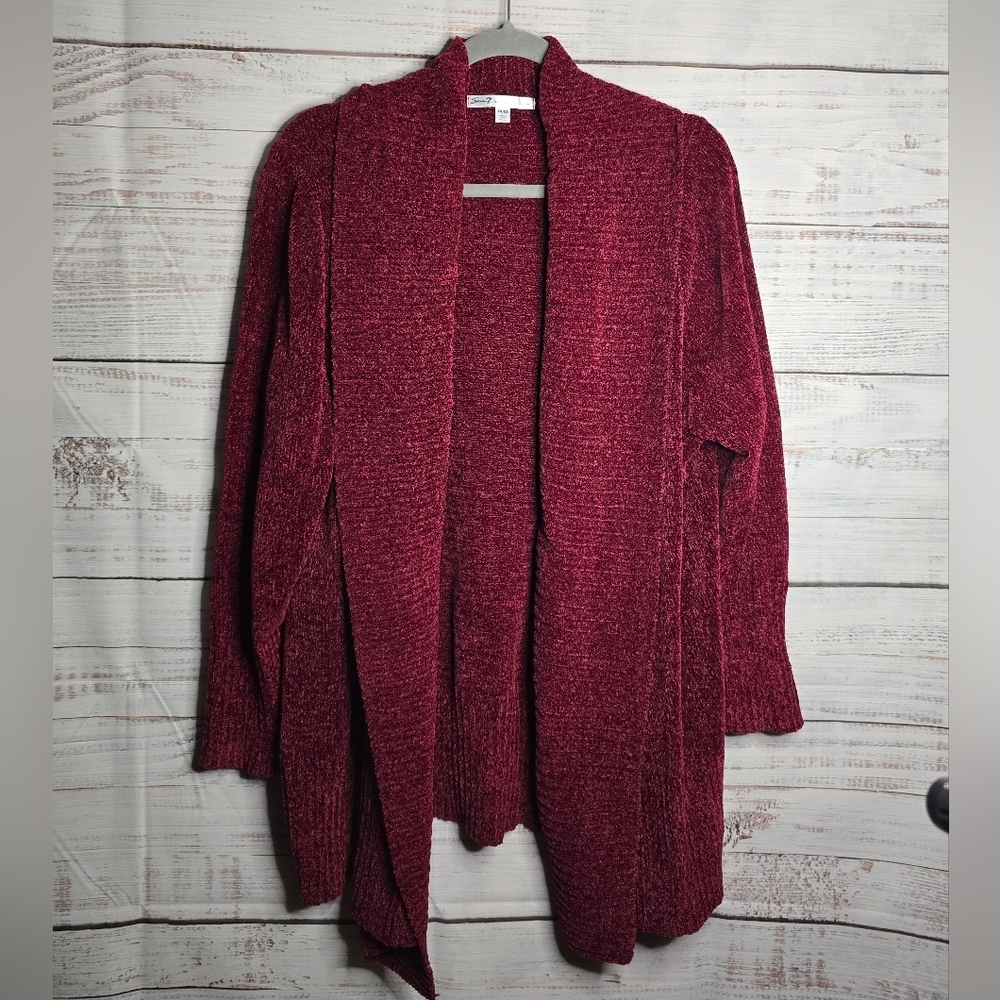 Seven7 Cardigan Sweater Women's‎ Small Maroon Knit Front Chenille Open